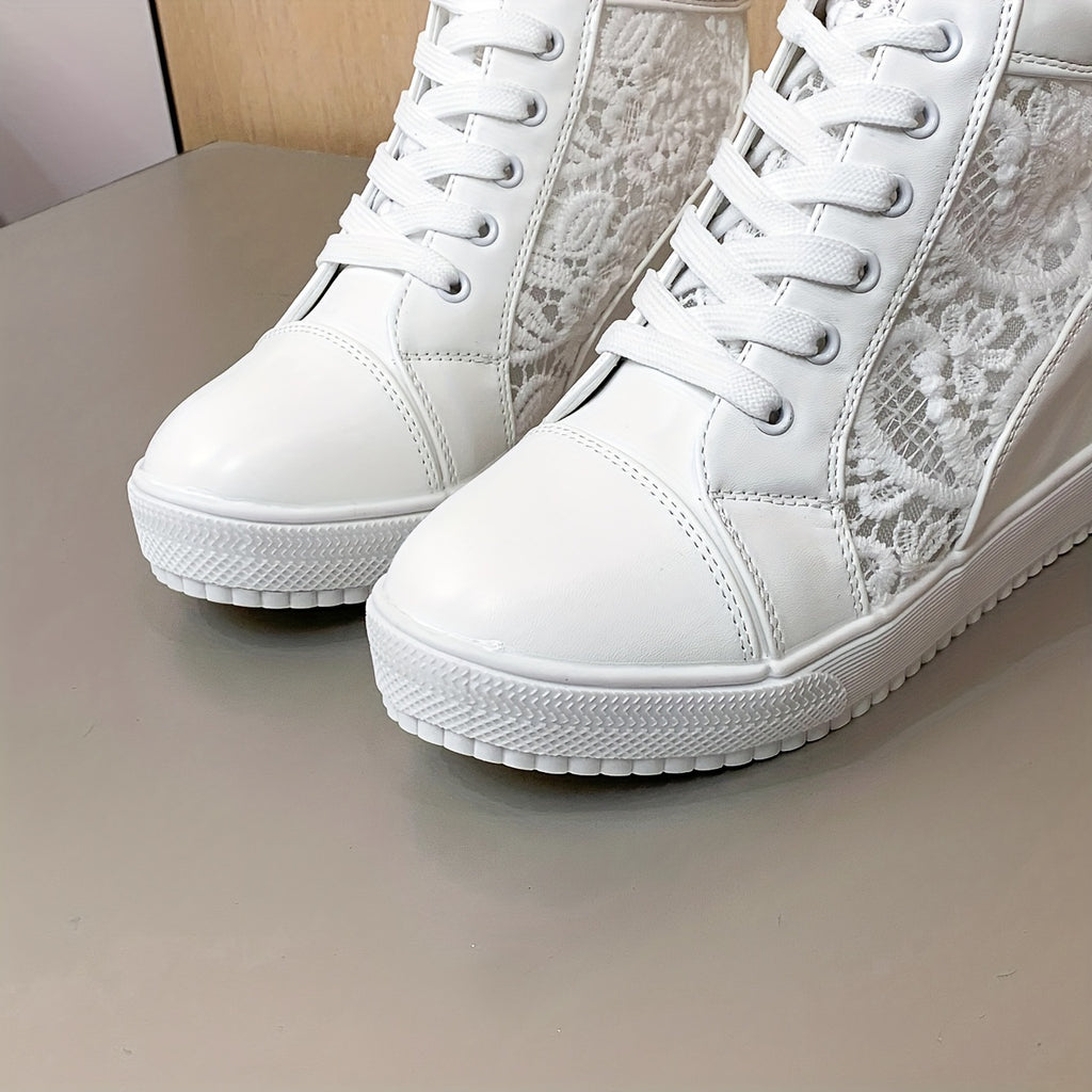 Women's Lace Flower Pattern Sneakers, Platform Soft Sole Mesh Walking Shoes, Heightening Wedge White Shoes