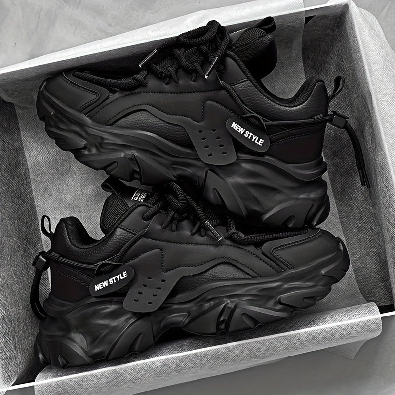 Men's Retro Thick-Sole Sneakers - Casual All-Season Fashion White Shoes, Non-Slip Durable Rubber Sole, Lace-Up Closure, PU Upper, Fabric Lining, Original Design, Youth, Odor-resistant, Running Shoes