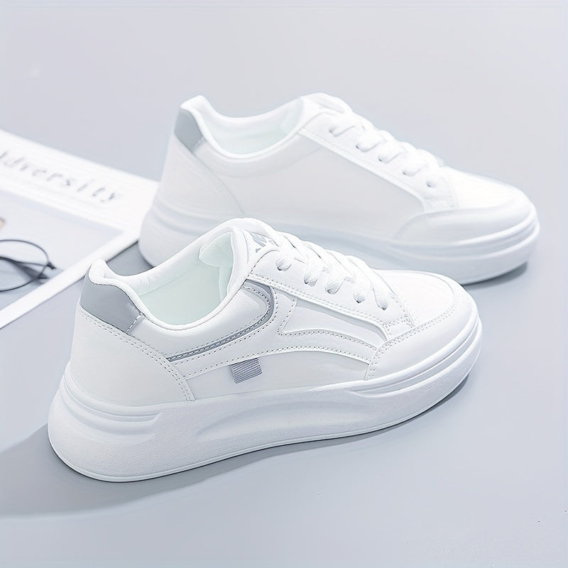 Women's Platform Skate Shoes, Versatile Height Increasing Lace Up Low Top Shoes, Outdoor Walking White Shoes plus size