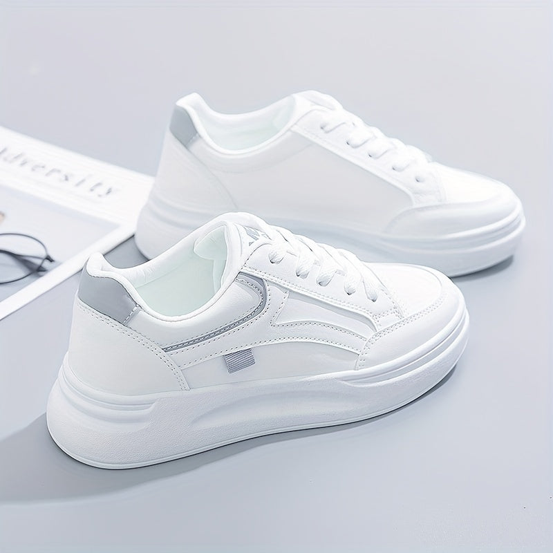 Women's Platform Skate Shoes, Versatile Height Increasing Lace Up Low Top Shoes, Outdoor Walking White Shoes plus size