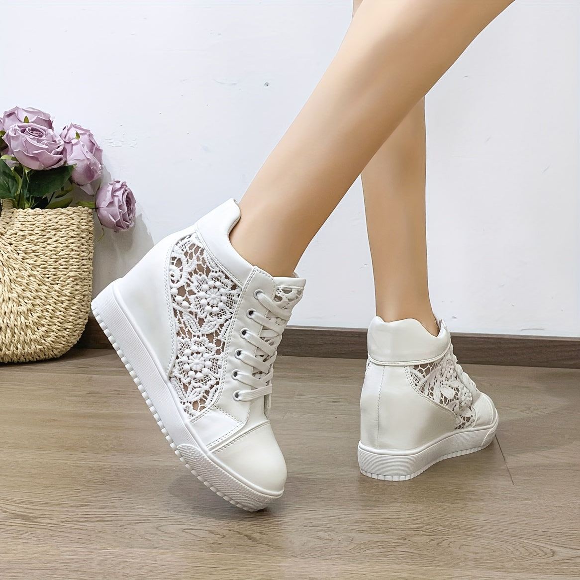 Women's Lace Flower Pattern Sneakers, Platform Soft Sole Mesh Walking Shoes, Heightening Wedge White Shoes