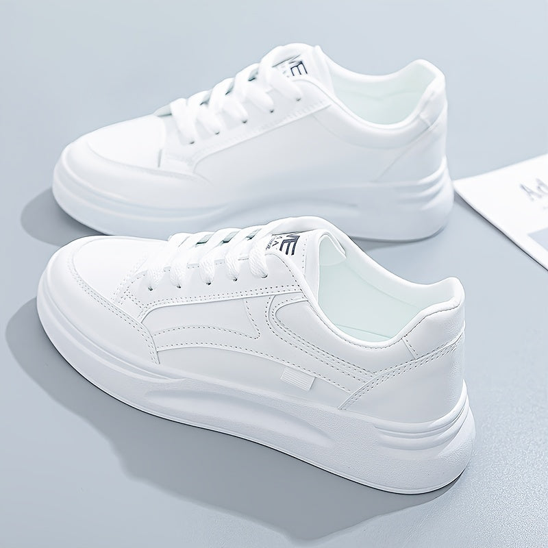 Women's Platform Skate Shoes, Versatile Height Increasing Lace Up Low Top Shoes, Outdoor Walking White Shoes plus size