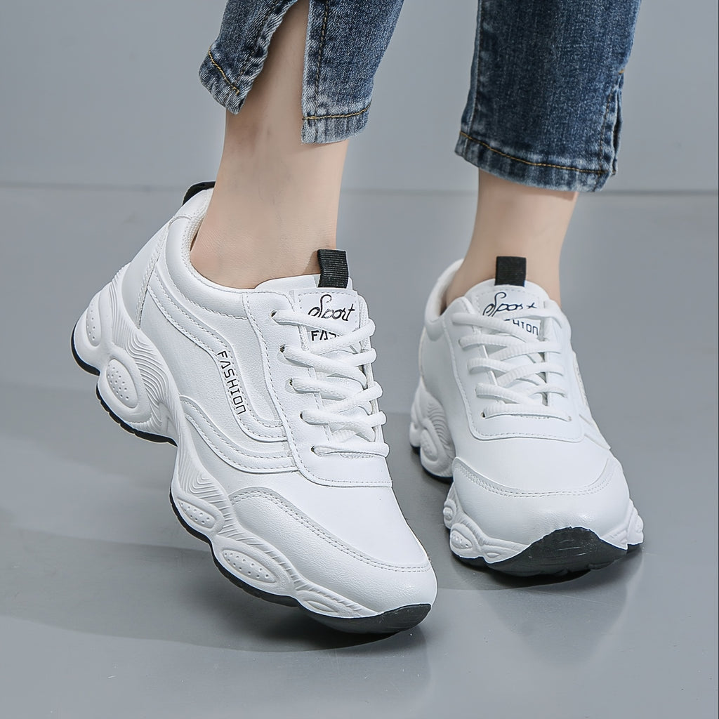 Women's Solid Color Trendy Sneakers, Lace Up Platform Soft Sole Walking Shoes, Comfort Low-top White Shoes