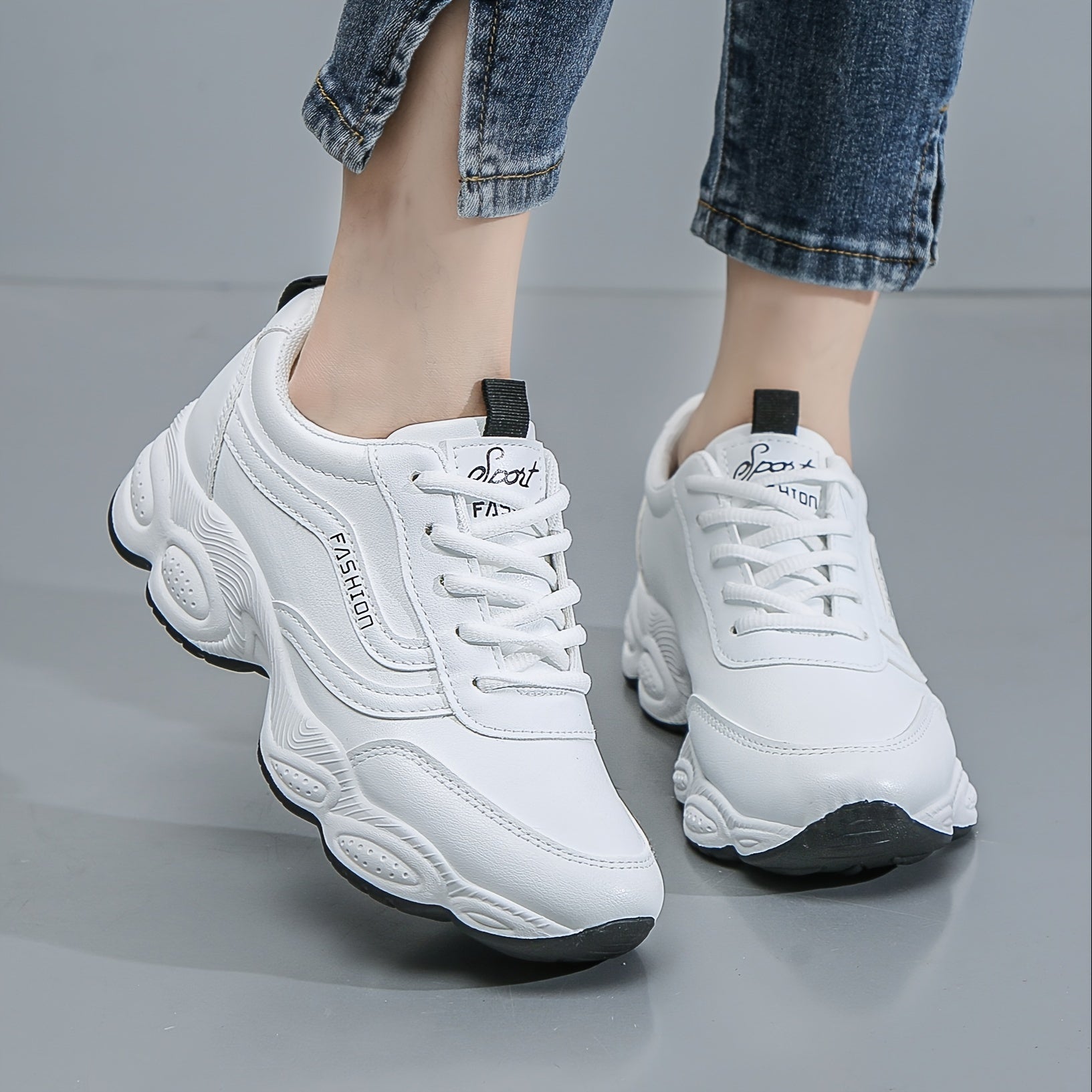 Women's Solid Color Trendy Sneakers, Lace Up Platform Soft Sole Walking Shoes, Comfort Low-top White Shoes