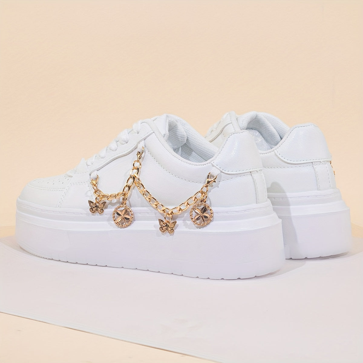 Women's Solid Color Casual Sneakers, Lace Up Comfy Platform Chain Decor Shoes, Versatile Low-top White Shoes