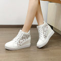 Women's Lace Flower Pattern Sneakers, Platform Soft Sole Mesh Walking Shoes, Heightening Wedge White Shoes