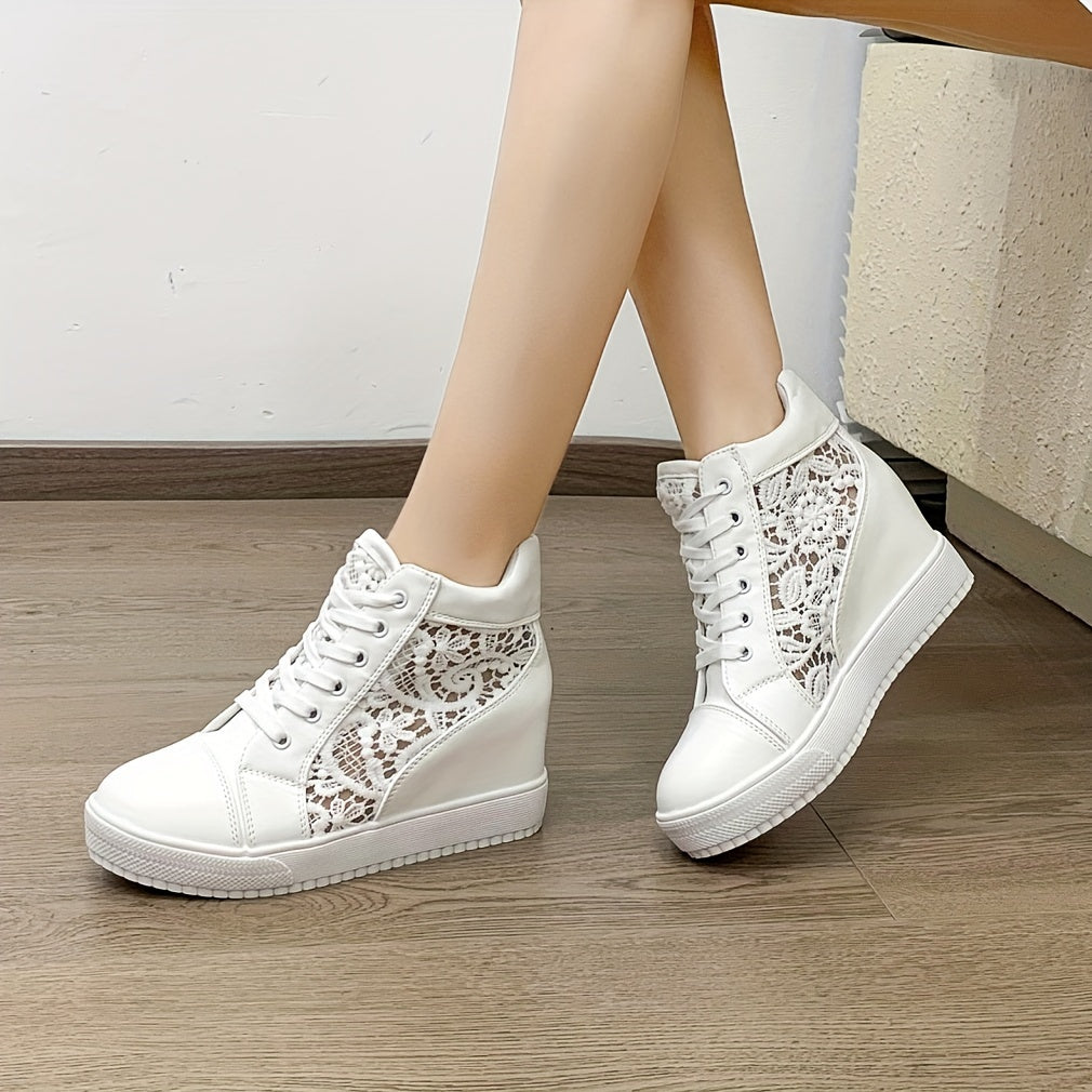 Women's Lace Flower Pattern Sneakers, Platform Soft Sole Mesh Walking Shoes, Heightening Wedge White Shoes