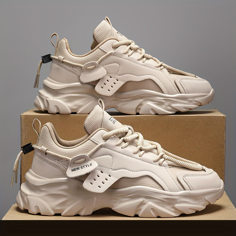 Men's Retro Thick-Sole Sneakers - Casual All-Season Fashion White Shoes, Non-Slip Durable Rubber Sole, Lace-Up Closure, PU Upper, Fabric Lining, Original Design, Youth, Odor-resistant, Running Shoes