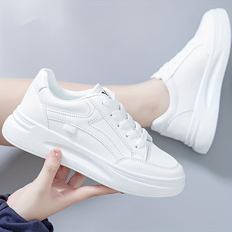 Women's Platform Skate Shoes, Versatile Height Increasing Lace Up Low Top Shoes, Outdoor Walking White Shoes plus size