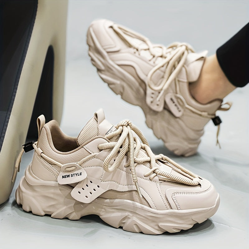 Men's Retro Thick-Sole Sneakers - Casual All-Season Fashion White Shoes, Non-Slip Durable Rubber Sole, Lace-Up Closure, PU Upper, Fabric Lining, Original Design, Youth, Odor-resistant, Running Shoes