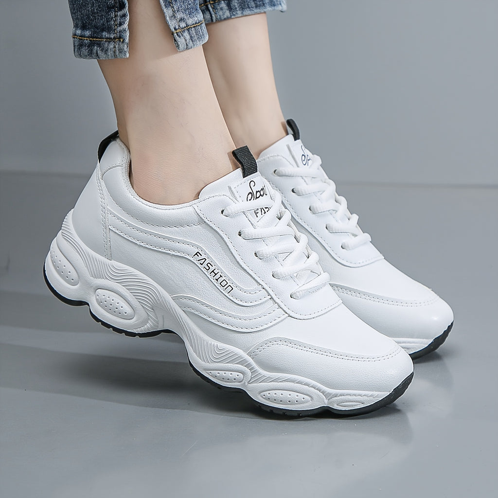Women's Solid Color Trendy Sneakers, Lace Up Platform Soft Sole Walking Shoes, Comfort Low-top White Shoes