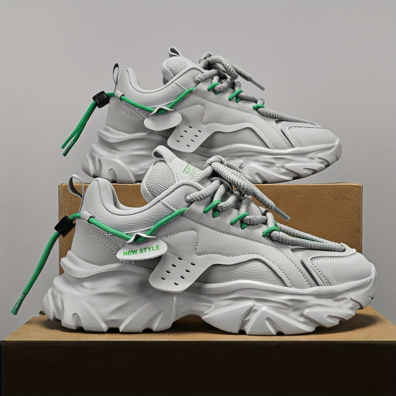 Men's Retro Thick-Sole Sneakers - Casual All-Season Fashion White Shoes, Non-Slip Durable Rubber Sole, Lace-Up Closure, PU Upper, Fabric Lining, Original Design, Youth, Odor-resistant, Running Shoes