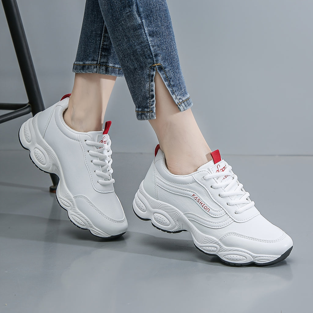 Women's Solid Color Trendy Sneakers, Lace Up Platform Soft Sole Walking Shoes, Comfort Low-top White Shoes