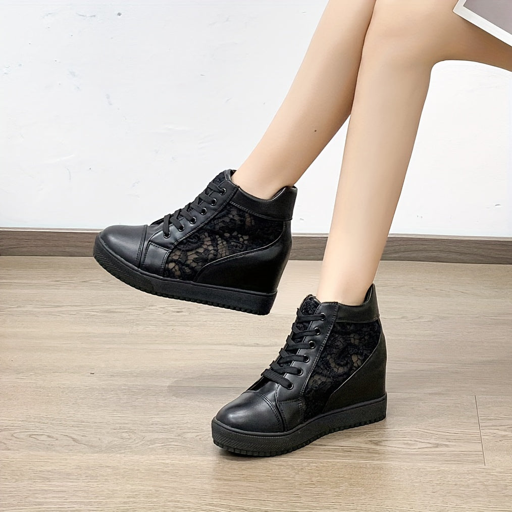 Women's Lace Flower Pattern Sneakers, Platform Soft Sole Mesh Walking Shoes, Heightening Wedge White Shoes