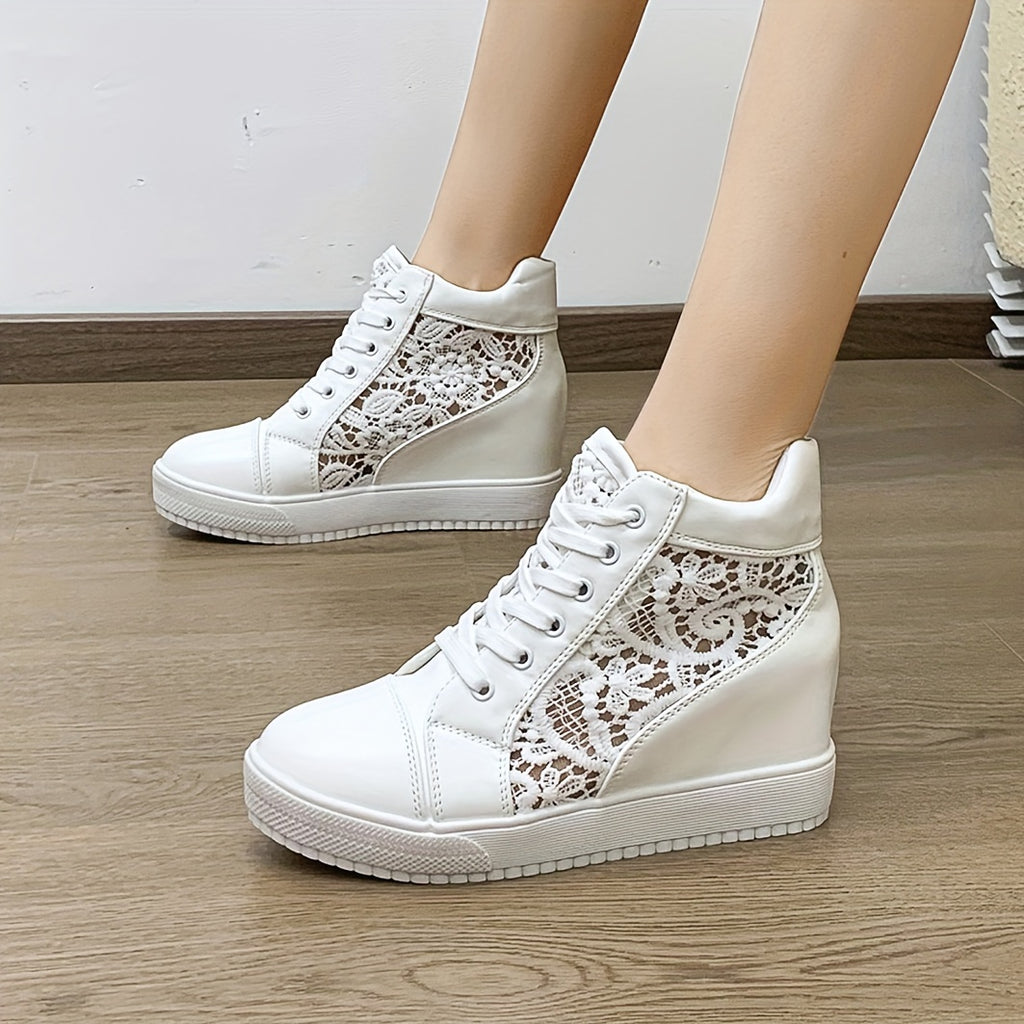 Women's Lace Flower Pattern Sneakers, Platform Soft Sole Mesh Walking Shoes, Heightening Wedge White Shoes