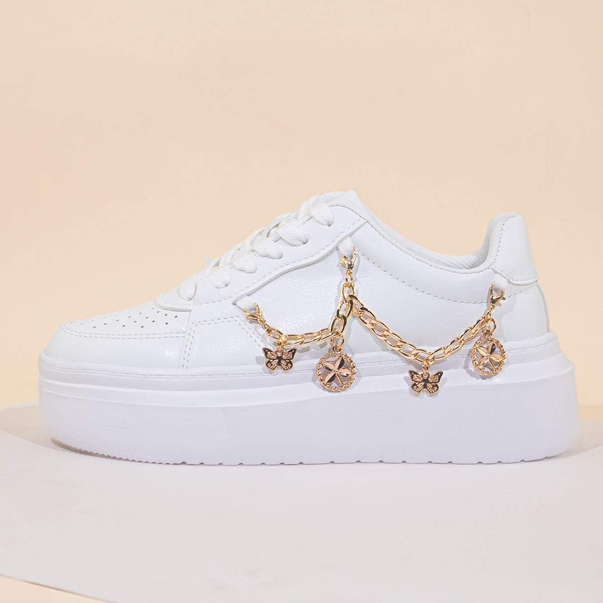 Women's Solid Color Casual Sneakers, Lace Up Comfy Platform Chain Decor Shoes, Versatile Low-top White Shoes
