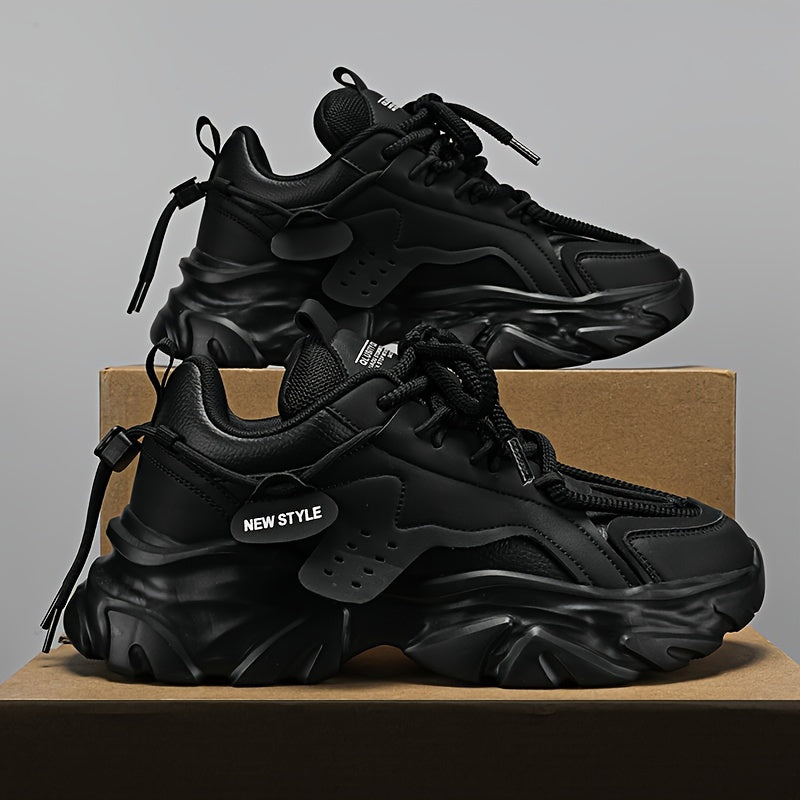 Men's Retro Thick-Sole Sneakers - Casual All-Season Fashion White Shoes, Non-Slip Durable Rubber Sole, Lace-Up Closure, PU Upper, Fabric Lining, Original Design, Youth, Odor-resistant, Running Shoes