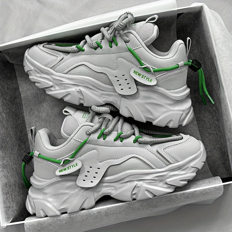 Men's Retro Thick-Sole Sneakers - Casual All-Season Fashion White Shoes, Non-Slip Durable Rubber Sole, Lace-Up Closure, PU Upper, Fabric Lining, Original Design, Youth, Odor-resistant, Running Shoes