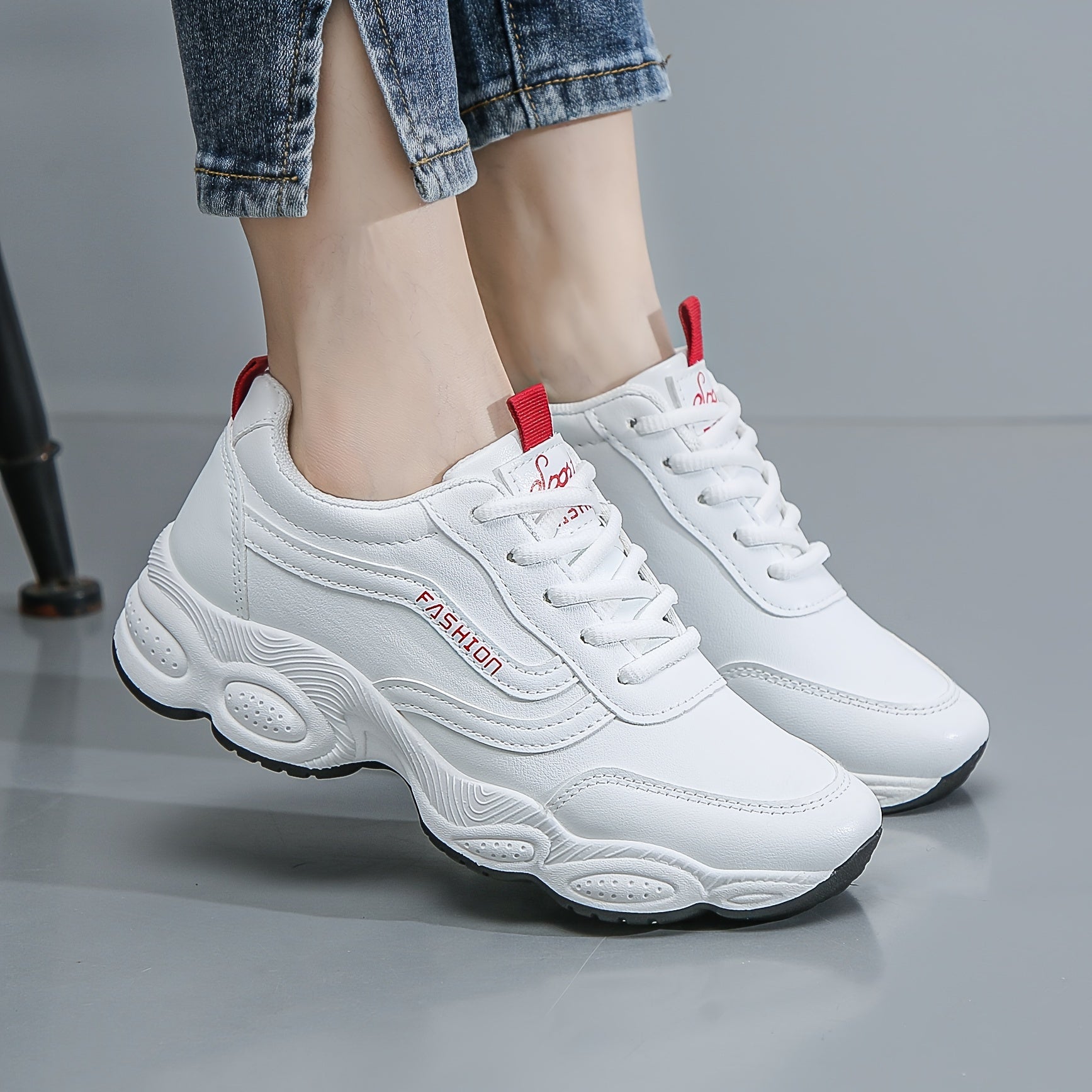 Women's Solid Color Trendy Sneakers, Lace Up Platform Soft Sole Walking Shoes, Comfort Low-top White Shoes