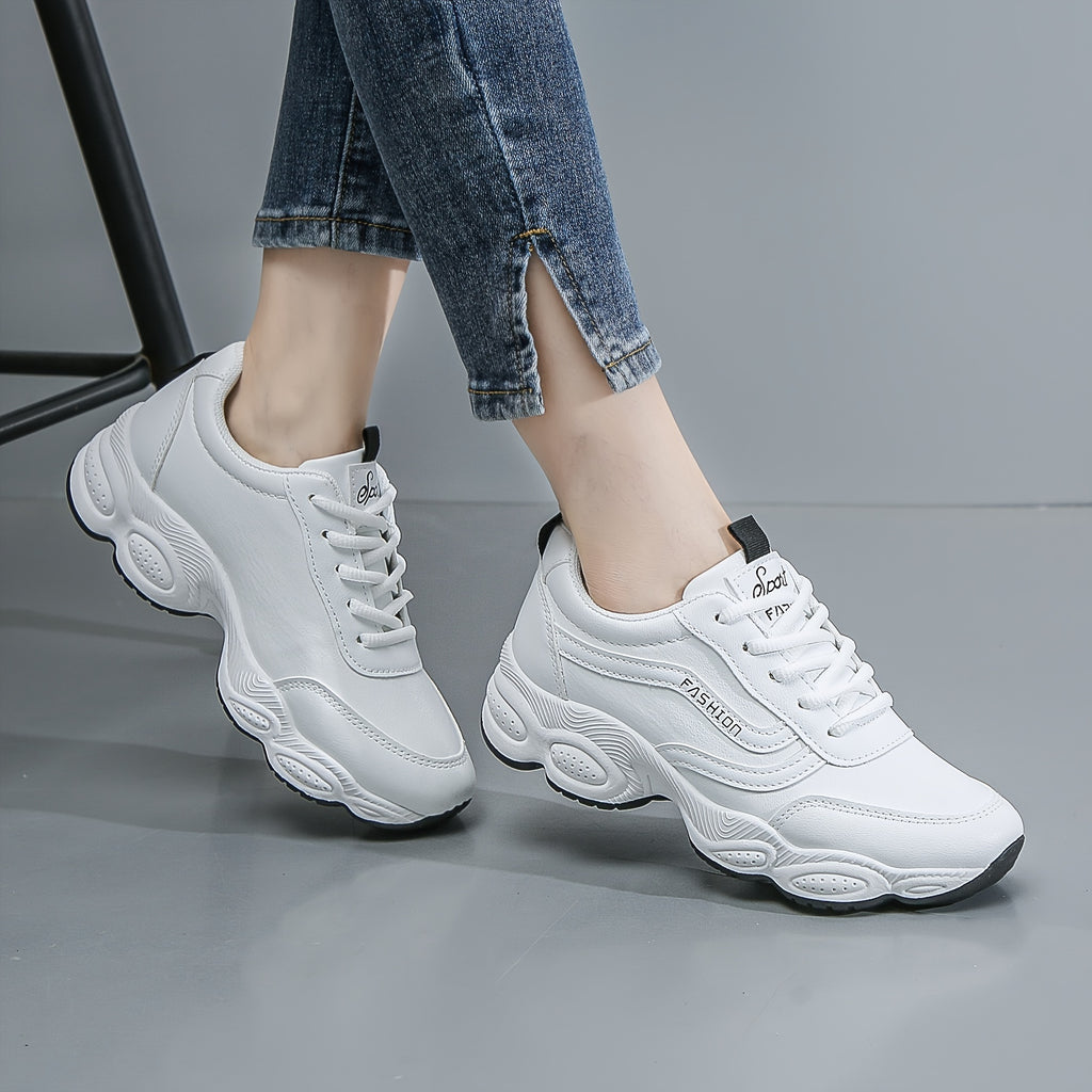 Women's Solid Color Trendy Sneakers, Lace Up Platform Soft Sole Walking Shoes, Comfort Low-top White Shoes