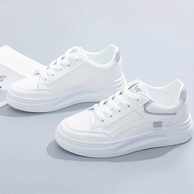 Women's Platform Skate Shoes, Versatile Height Increasing Lace Up Low Top Shoes, Outdoor Walking White Shoes plus size