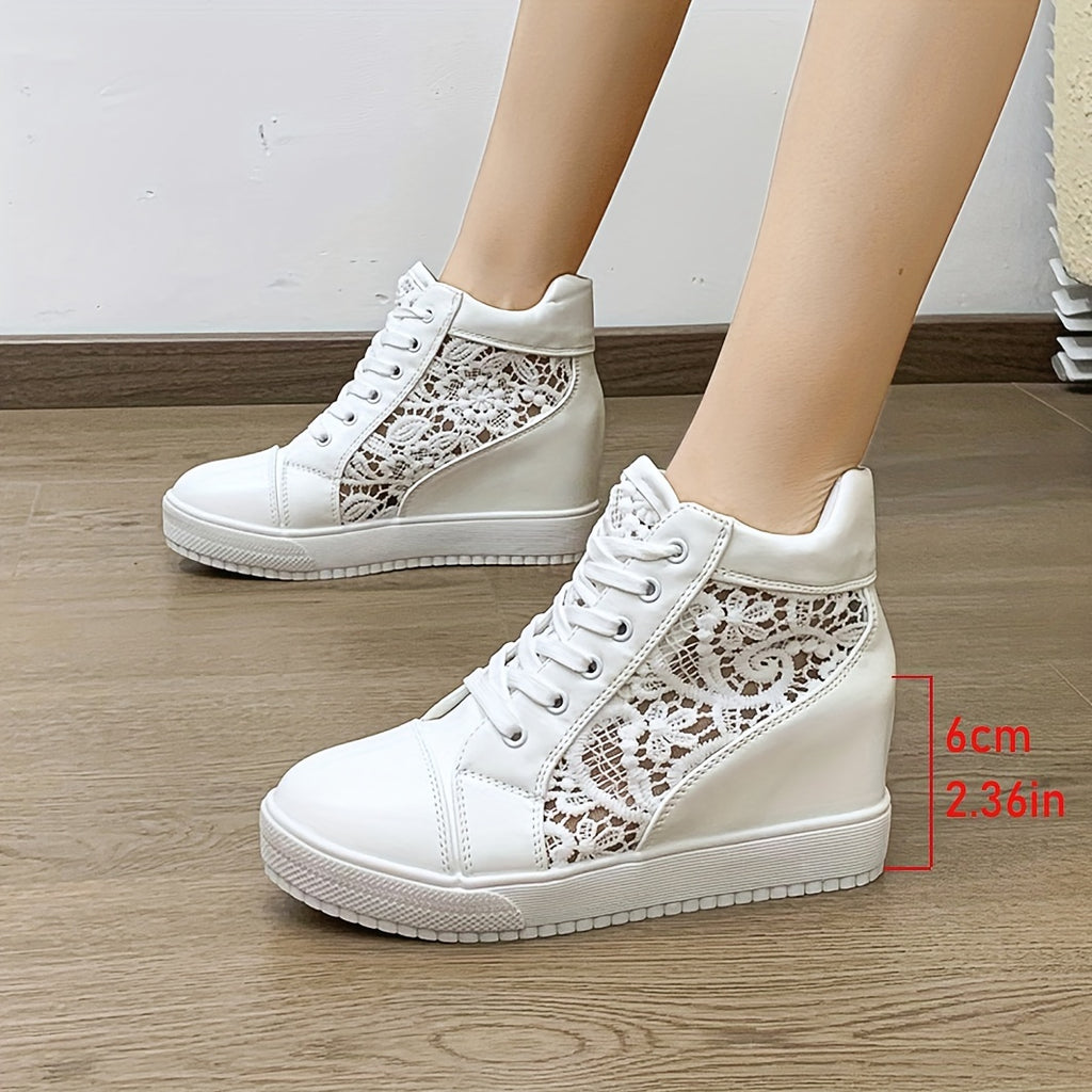 Women's Lace Flower Pattern Sneakers, Platform Soft Sole Mesh Walking Shoes, Heightening Wedge White Shoes