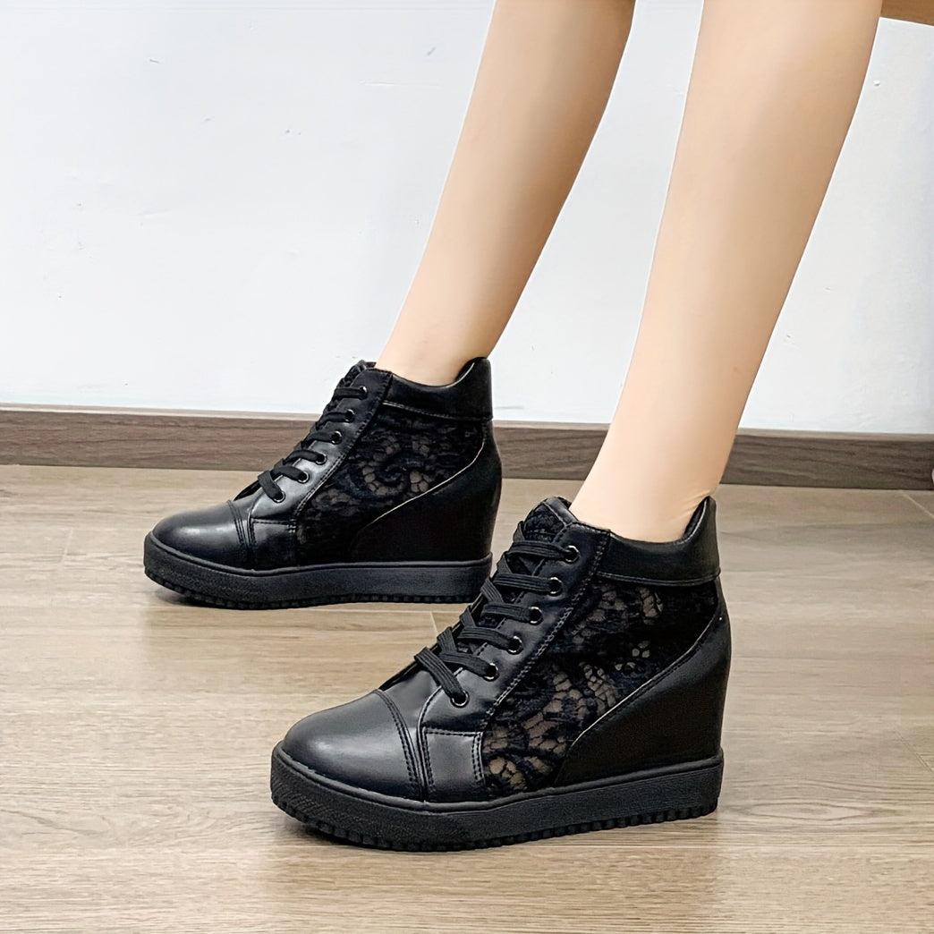 Women's Lace Flower Pattern Sneakers, Platform Soft Sole Mesh Walking Shoes, Heightening Wedge White Shoes